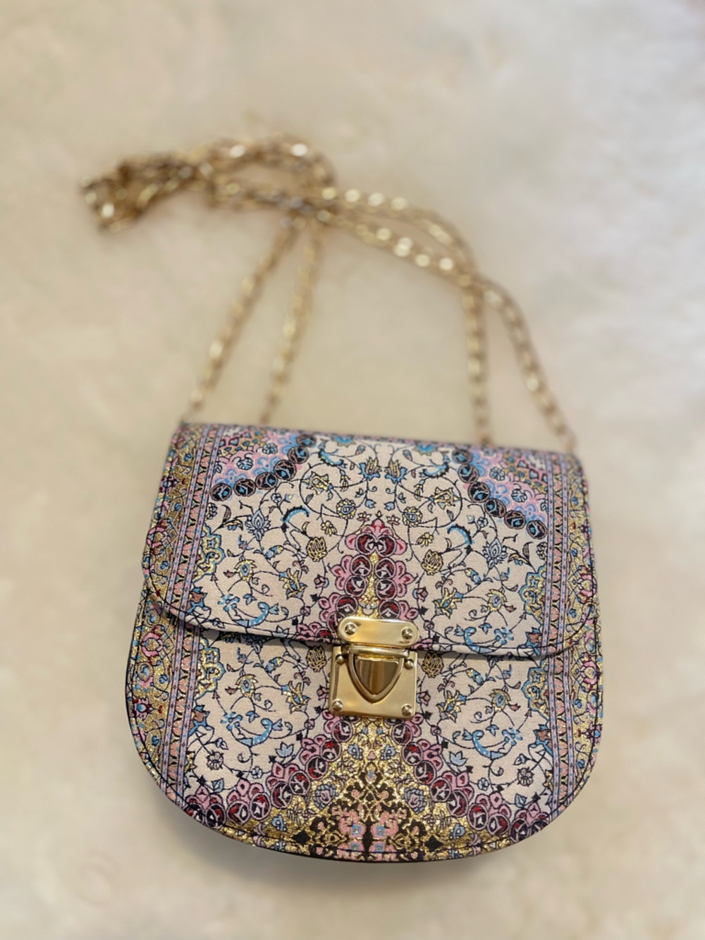 Floral Patterned Crossbody Bag in Cream and Pink with Gold Hardware